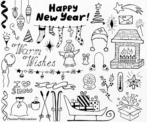 Weihnachten Doodles Clipart frohe Neujahr Weihnachten | Etsy