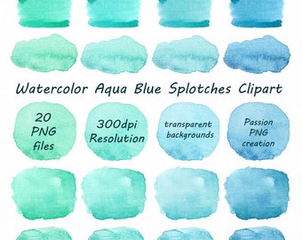 Watercolor Aqua Blue Splotches, Banners, Watercolor Clipart, Elements, hand painted, Watercolour, Watercolor, Personal and Commercial Use