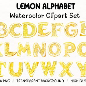 Alfabeto de limón, letras cítricas de acuarela PNG, alfabeto de frutas de verano, letras amarillas ABC para manualidades e invitaciones infantiles