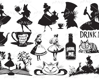 Può includere: Illustrazioni in silhouette in bianco e nero di personaggi e oggetti di Alice nel Paese delle Meraviglie. Le illustrazioni includono Alice, il Cappellaio Matto, il Gatto del Cheshire, una teiera, una tazza da tè, una bottiglia e un albero.