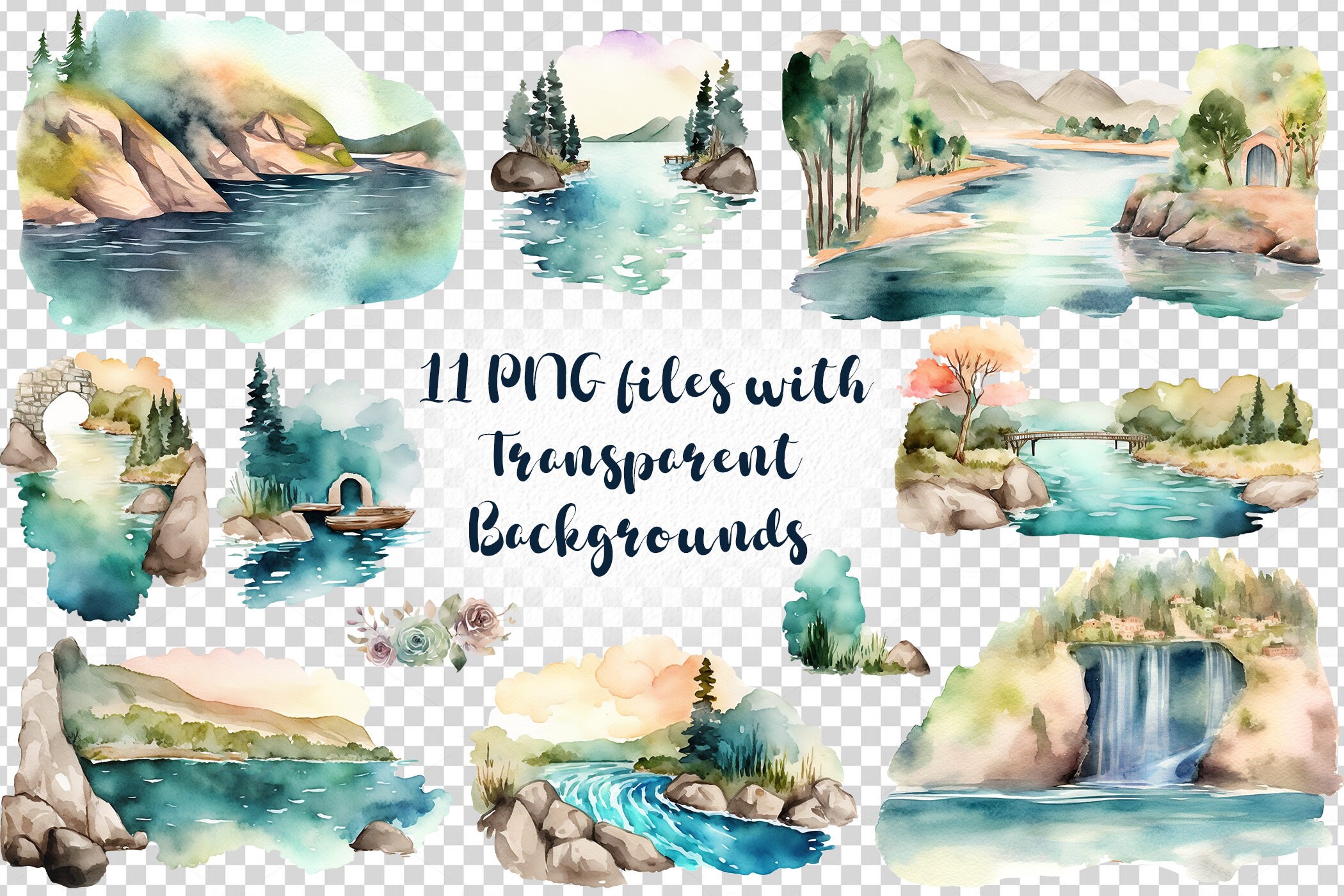 Watercolor River Scene Clipart Digital Download With Nature Etsy