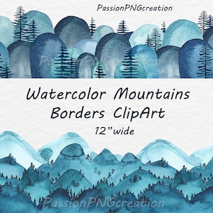 Aquarelle montagne frontières clipart, clipart aquarelle, fabrication de cartes, PNG, peint à la main, collines, graphiques, pour un usage personnel et commercial