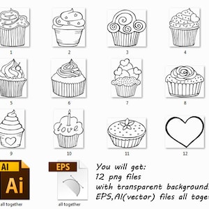 Outline Cupcake Clipart, Doodle Cupcakes Clip art, Hand drawn cupcake clip art, PNG, EPS, vector clipart, For Personal and Commercial use image 3