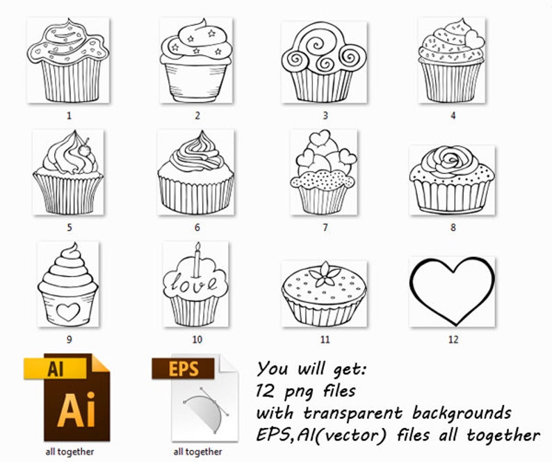 Outline Cupcake Clipart, Doodle Cupcakes Clip art, Hand drawn cupcake clip art, PNG, EPS, vector clipart, For Personal and Commercial use image 3