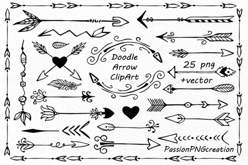 Hand Drawn Arrows Clipart Doodle Arrow Clip Art Tribal Arrow Clipart Digital Clipart Png Eps Ai Vector Personal And Commercial Use