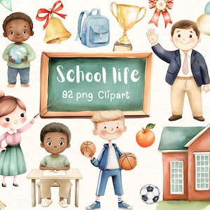 Pacote de Cliparts de Vida Escolar | Volta às Aulas | Clipart de Sala de Aula | Elementos Escolares em Aquarela | Clipart de Professor e Aluno | 92 Arquivos PNG