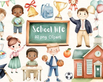 Pacchetto di clipart scolastiche ad acquerello: bambini e insegnanti per il ritorno a scuola (92 file PNG)