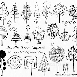 Doodle Bäume Clipart, handgezeichnete Baum Clip Art, digitaler Baum, wunderlicher Baum, PNG, EPS, AI, Vektor-Clipart, für den persönlichen und kommerziellen Gebrauch