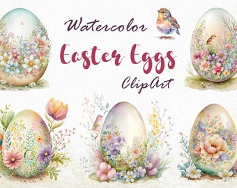 Easter Eggs Clipart, Digital Floral Painted Eggs Clip Art Illustrations, PNG, Watercolor for personal and commercial use