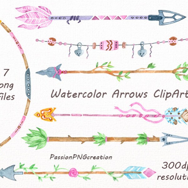 Watercolor Arrows Clip art, Tribal arrows, Handpainted clipart, PNG, diy greeting card, wedding clipart, for Personal and Commercial Use