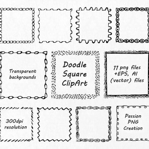 Doodle Square Clipart, Hand drawn Square Frames Clip art, PNG, EPS, AI, Vector, foursquare, quadrate Borders, Personal and Commercial Use