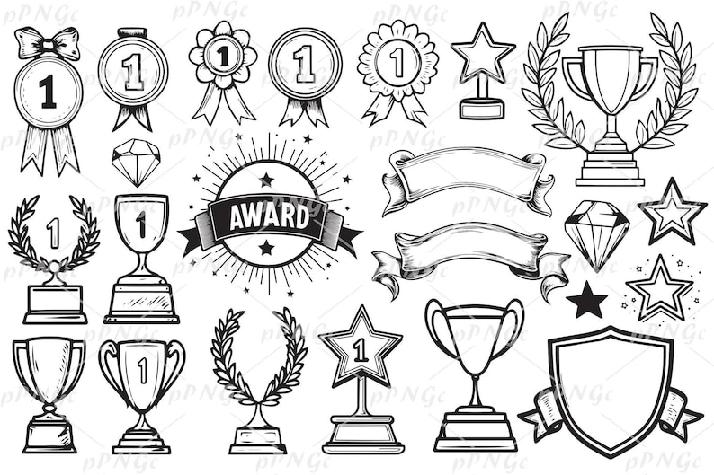 Achievement Award Bundle SVG Trophy, Medal, Ribbon Clipart Cricut File