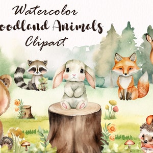 Ensemble de cliparts aquarelle animaux des bois - ours, lièvre, écureuil, raton laveur, renard, cerf, hibou, hérisson, fleurs, champignons