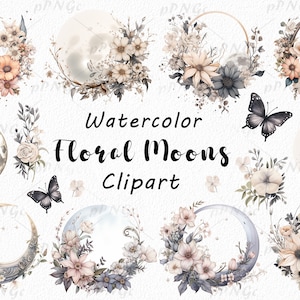 Clipart aquarel bloemen manen: Celestial Boho Design, handgeschilderde bloemen, digitale download voor DIY-uitnodigingen, commercieel gebruik, png