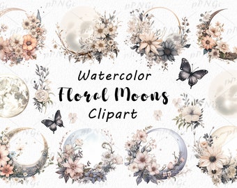 Watercolor Floral Moons Clipart: Celestial Boho Design, Hand-Painted Flowers, Digital Download for DIY Invitations, Commercial use, PNG