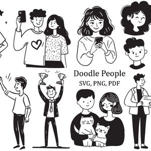 Paquete de imágenes prediseñadas de personas dibujadas a mano, SVG, archivo Cricut, pegatinas, personajes en blanco y negro, conjunto de ilustraciones digitales, archivos PNG