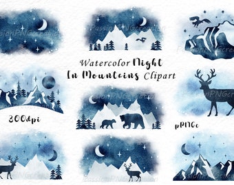 Watercolor night in mountains clipart, PNG, winter mountans clip art, blue, mountains design elements, for Personal and Commercial Use