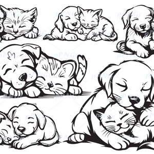 chat et chien SVG, dormir ensemble, clipart chat et chien, couper des fichiers pour Cricut, propriétaire d'animal de compagnie Svg, vecteur, png, pour usage personnel et commercial
