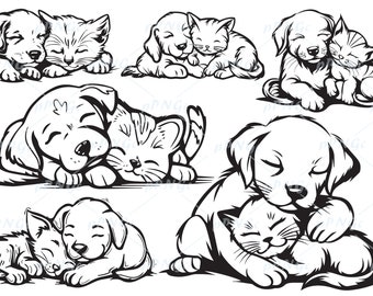 cat and dog SVG, sleeping together, Cat and Dog Clipart, Cut Files For Cricut, Pet Owner Svg, Vector, png, For Personal and Commercial Use