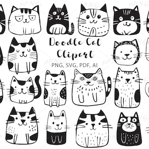 Doodle Cats Clipart, Bundle SVG, Digital doodles clip art, png, svg, ai, vector, line art, coloring, For Personal and Commercial Use