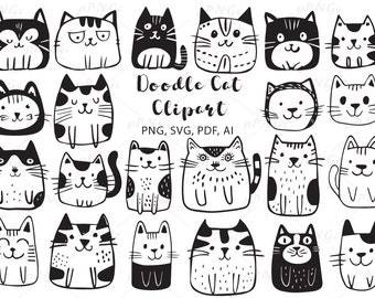 Doodle Cats Clipart Bundle: Vector Line Art (PNG, SVG, AI)