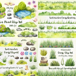 Watercolor Grass Clipart Set: Meadow Borders, PNG (Digital Download)