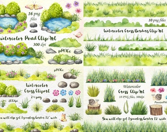 Watercolor Grass Clipart Set: Meadow Borders, PNG (Digital Download)