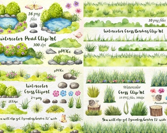 Big Set of Watercolor Grass Clipart, Watercolour Grass Borders clip art, Digital, Instant Download, meadow, PNG, Personal and Commercial Use