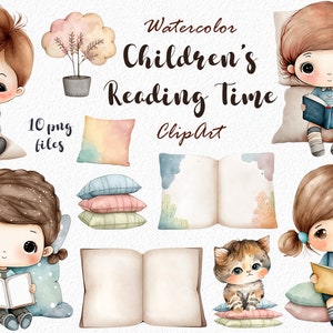 Clipart ad acquerello di bambini che leggono su cuscini - Perfetto per libri per bambini, istruzione e illustrazioni per famiglie, download digitale