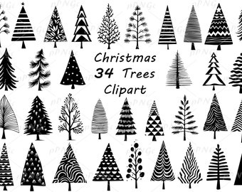 Doodle Christmas Tree Silhouettes Clipart - Festive Holiday Design Elements, DIY Cards, Crafts
