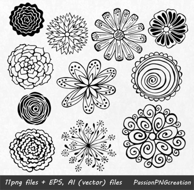 BIG SET 44 Hand Drawn Flowers Clipart Flower Element Flower Etsy