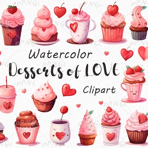 Clipart de sobremesas de amor em aquarela: romântico, doce, casamento, doces, bolo, delicado, caprichoso, artístico, em forma de coração, download digital