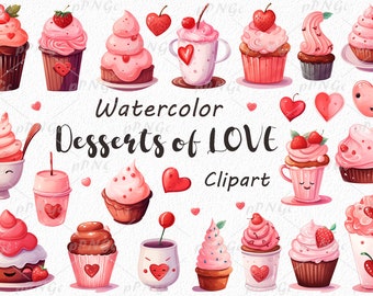 Watercolor Love Desserts Clipart: Romantic, Sweet, Wedding, Pastries, Cake, Delicate, Whimsical, Artistic, Heart-shaped, Digital Download