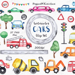 Imágenes prediseñadas de coches de acuarela, imágenes prediseñadas de transporte, coches de dibujos animados, arte infantil, archivos PNG digitales, descarga instantánea