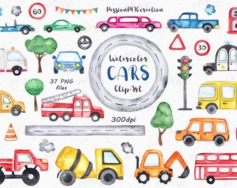 Watercolor Cars clipart, Transport Clipart, cute Cartoon Cars , Nursery Art, Digital PNG Files, Instant Download