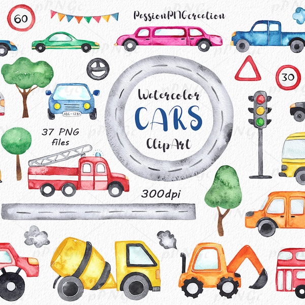 Acuarela Cars clipart, Transport Clipart, lindos coches de dibujos animados, Nursery Art, Archivos PNG digitales, descarga instantánea