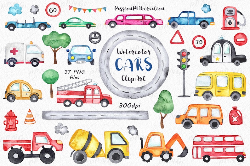 Watercolor Cars clipart, Transport Clipart, cute Cartoon Cars , Nursery Art, Digital PNG Files, Instant Download image 1