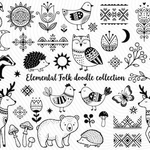 May include: A collection of black and white folk art doodles, including a swan, sun, birds, owl, deer, bear, and hedgehog. The image also features the text "Elemental Folk doodle collection".