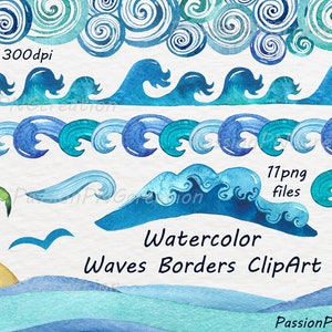 Watercolor Waves Borders Clipart, Waves clip art, Watercolour, Wave illustration, clipart, PNG, Borders, Personal and Commercial Use