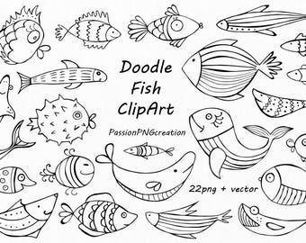 Doodle fish clipart, aquarium, PNG, eps, ai, vector, hand-drawn fish clip art, line art, Design Elements, for Personal and Commercial Use