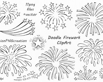 Doodle Firework Clipart,  vector, PNG, EPS, AI, transparent background, digital fireworks, Hand drawn, For Personal and Commercial use