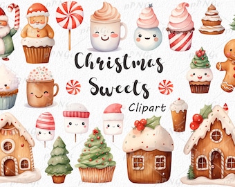 Watercolor Christmas Sweets Clipart Set - Festive Candy Canes, Gingerbread Cookies, Holiday Treats - Instant Download for DIY Projects