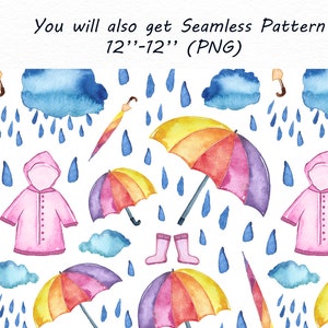 Watercolor Rainy Day Clipart, Watercolor Rainy Day Clipart, umbrella clip art, seamless pattern, Watercolor rain , diy, PNG files image 4
