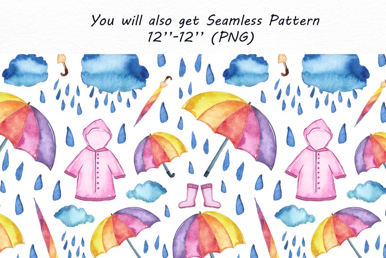 Watercolor Rainy Day Clipart, Watercolor Rainy Day Clipart, umbrella clip art, seamless pattern, Watercolor rain , diy, PNG files image 4