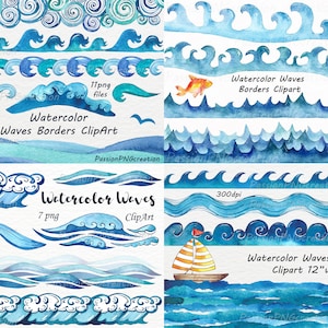 Grand ensemble de vagues bordures aquarelles clipart, clipart vagues, aquarelle, illustration, clipart, PNG, frontières, usage personnel et commercial
