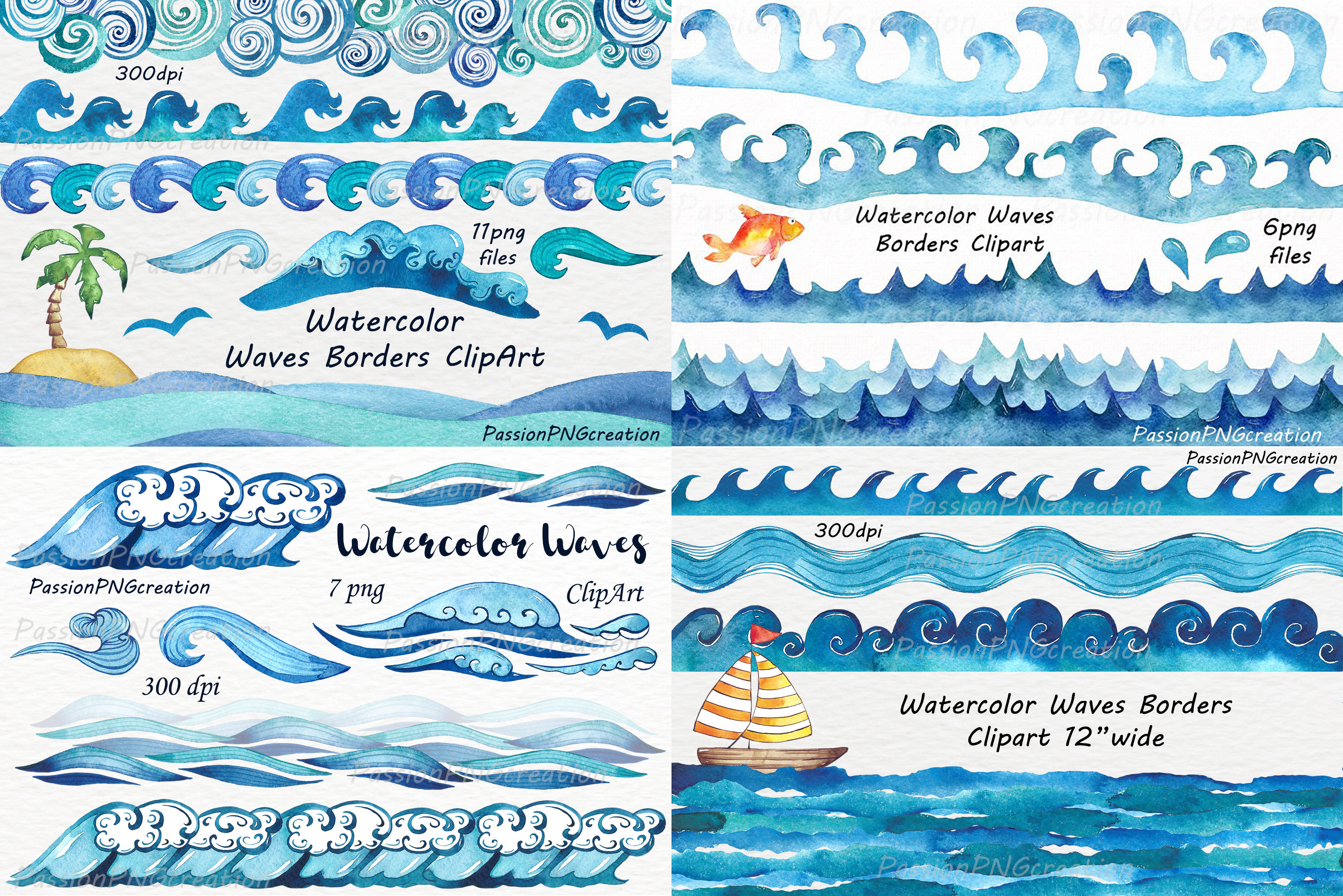 Watercolor Waves Borders Clipart: PNG, JPG (digital Download) - Etsy, image size:3000x2002