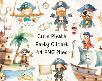 Cute Pirate Clipart Bundle, Watercolor Pirate Stickers, Digital PNG, Pirate Party Clip Art, Kids Birthday, Scrapbooking, Sublimation