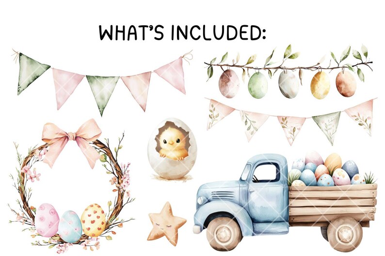 Cute Easter Bunny Clipart Bundle - 32 PNG Watercolor Stickers, Spring ...