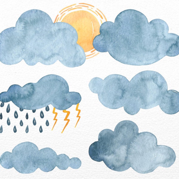 Watercolor Clouds Clipart, Clouds Clipart, Watercolor clipart, clip art, 9 PNG files, Sun, Rain, Logo, Personal and Commercial Use