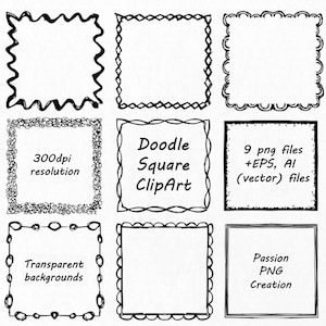 Doodle Square Clipart, Hand drawn Square Frames Clip art, PNG, EPS, AI, Vector, foursquare, quadrate Borders, Personal and Commercial Use